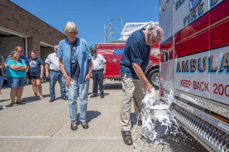 Beryl and Walter Buchholtz celebrate in the naming of the new E.M.S. Company Ambulance 7-2-17 &quot;Ben ~n~Wally&quot;  

